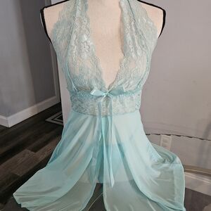 Lace Halter Style Chemise in Soft Green with Matching Thong